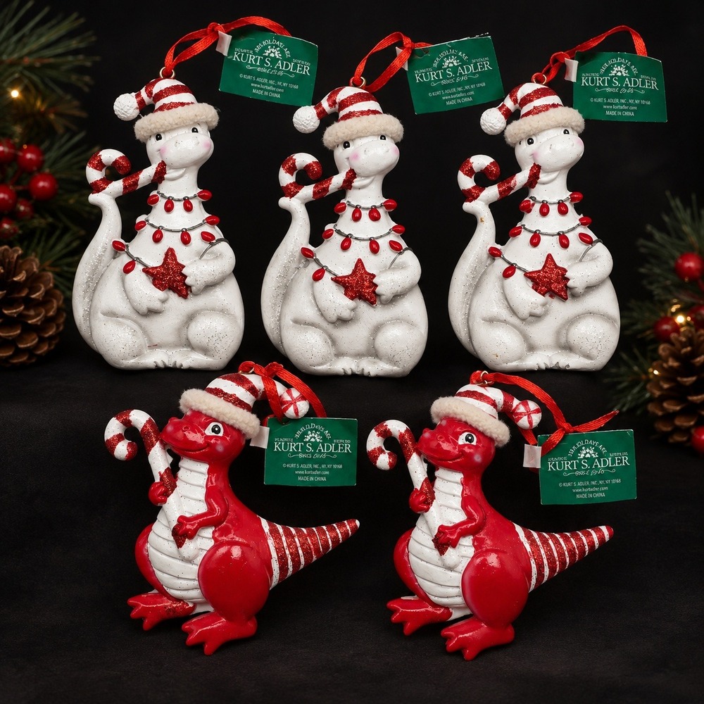 Kurt Adler Christmas Peppermint Dinosaur Dragon Ornaments Lot of 5 Red Glitter